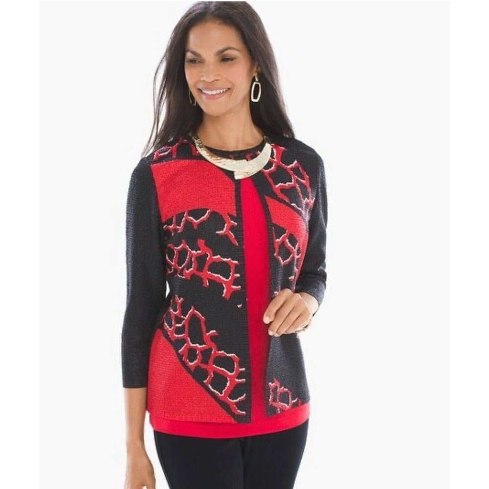 Chicos 2 Travelers Crushed Abstract open Jacket Top Asian Red womens size large